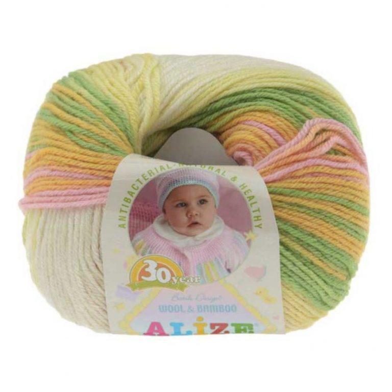 Пряжа для вязания ALIZE «BABY WOOL» (№4390) Бело-желто-зеленый