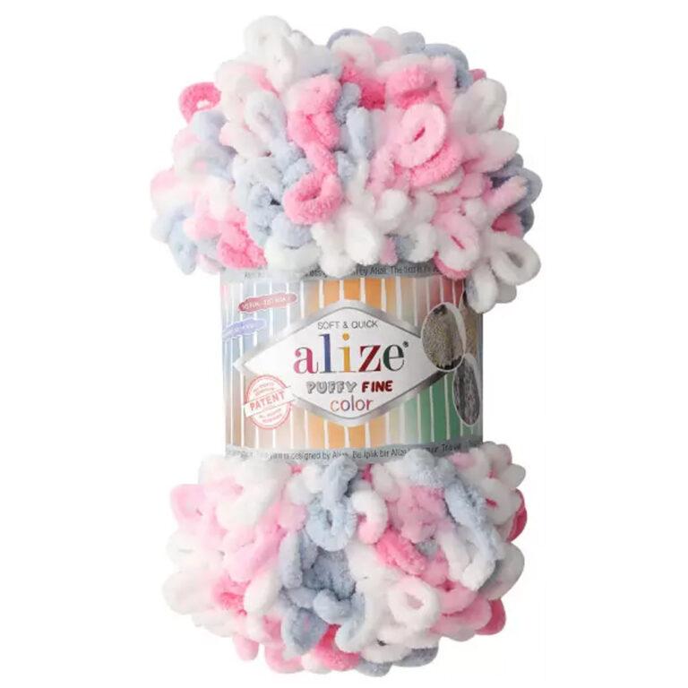 Пряжа для вязания ALIZE «PUFFY FINE COLOR» (№5945) Белый-розовый-голубой принт