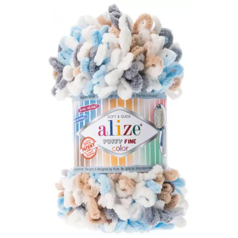 Пряжа для вязания ALIZE «PUFFY FINE COLOR» (№5946) Белый-серый-беж-бирюза