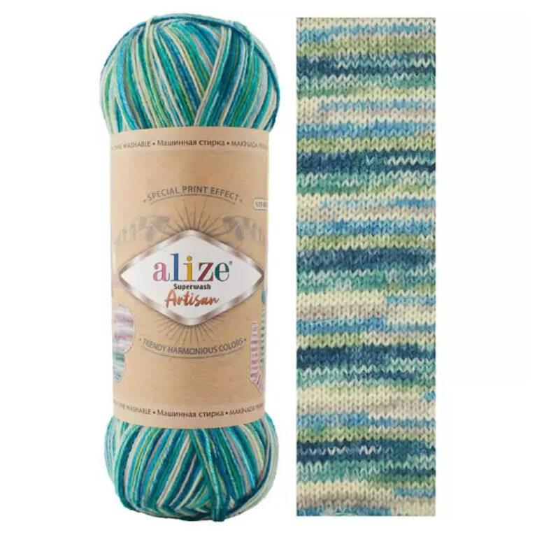 Пряжа для вязания ALIZE «SUPERWASH ARTISAN» (№9001) Зеленая бирюза принт