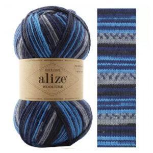 Пряжа для вязания ALIZE WOOL TIME (№11011) Принт Черный-серый-синий