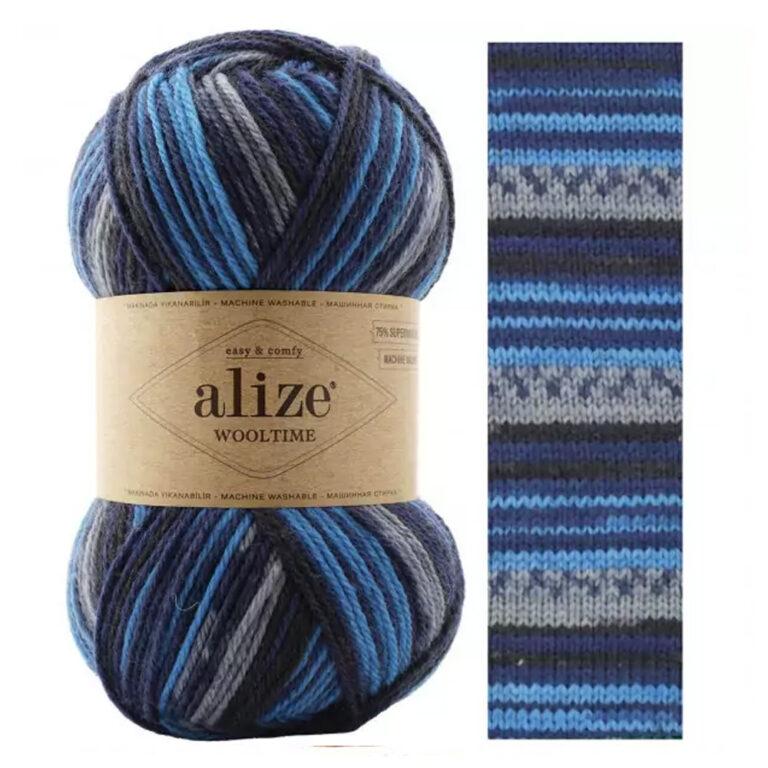 Пряжа для вязания ALIZE WOOL TIME (№11011) Принт Черный-серый-синий