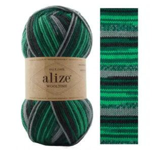 Пряжа для вязания ALIZE WOOL TIME (№11012) Принт Зеленый, изумрудный, серый, черный