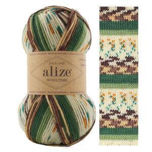Пряжа для вязания ALIZE WOOL TIME (№11021) Зелено-молочный принт