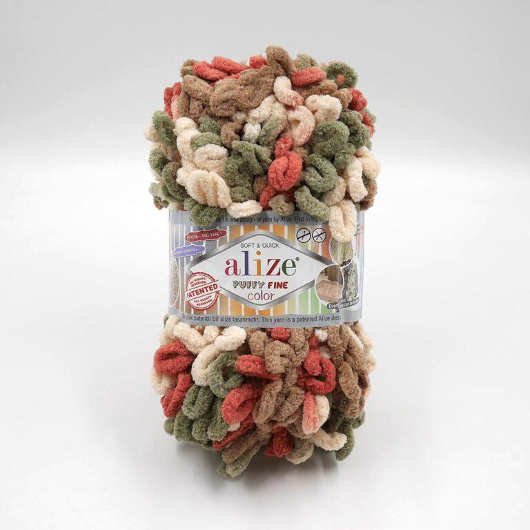 Пряжа для вязания ALIZE «PUFFY FINE COLOR» (№6039) Зеленый, красный, бежевый